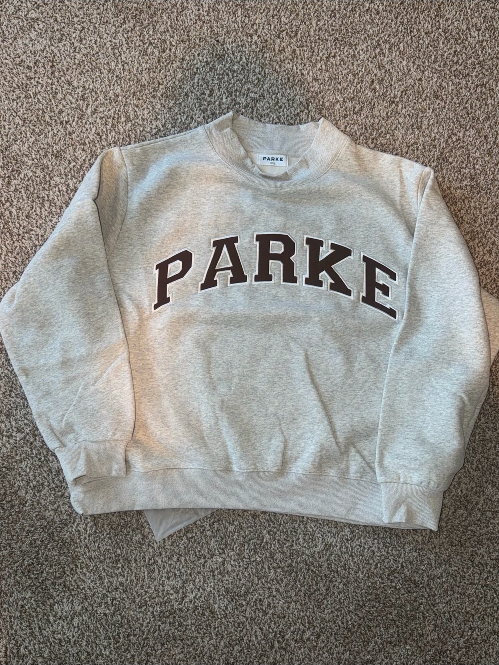 Parker Light Gray Crewneck with Brown Collegiate Logo